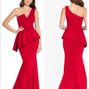 Red one shoulder Betsy & Adam gown